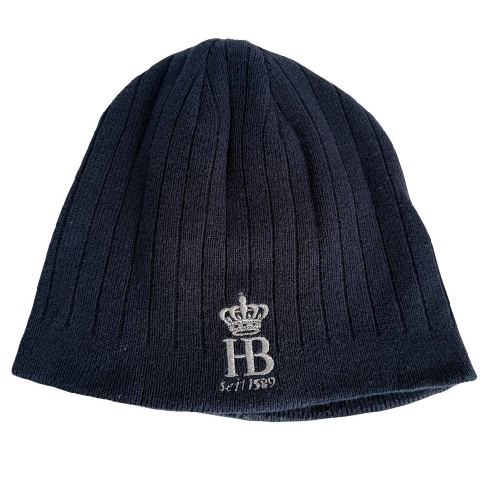 HB Hofbräuhaus Munchen Beer Navy Blue Knit Beanie Hat Embroidered Crown Logo